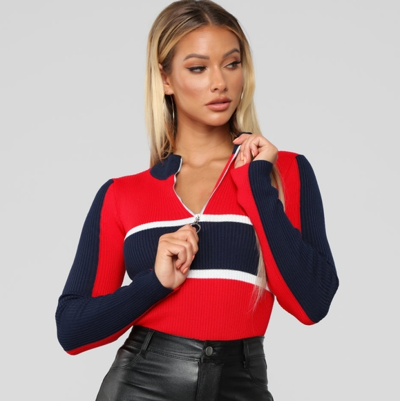 Red and Blue O-Ring Zipper Sweater - Picture 3 of 17